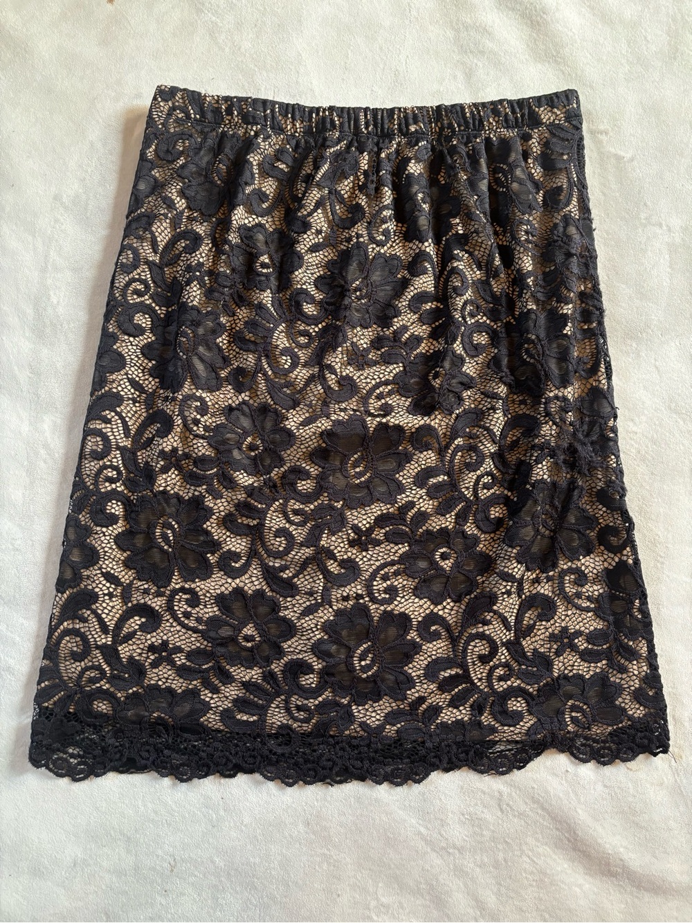 Olivia Blu 2X Black Floral Lace Nude Lined Midi Skirt